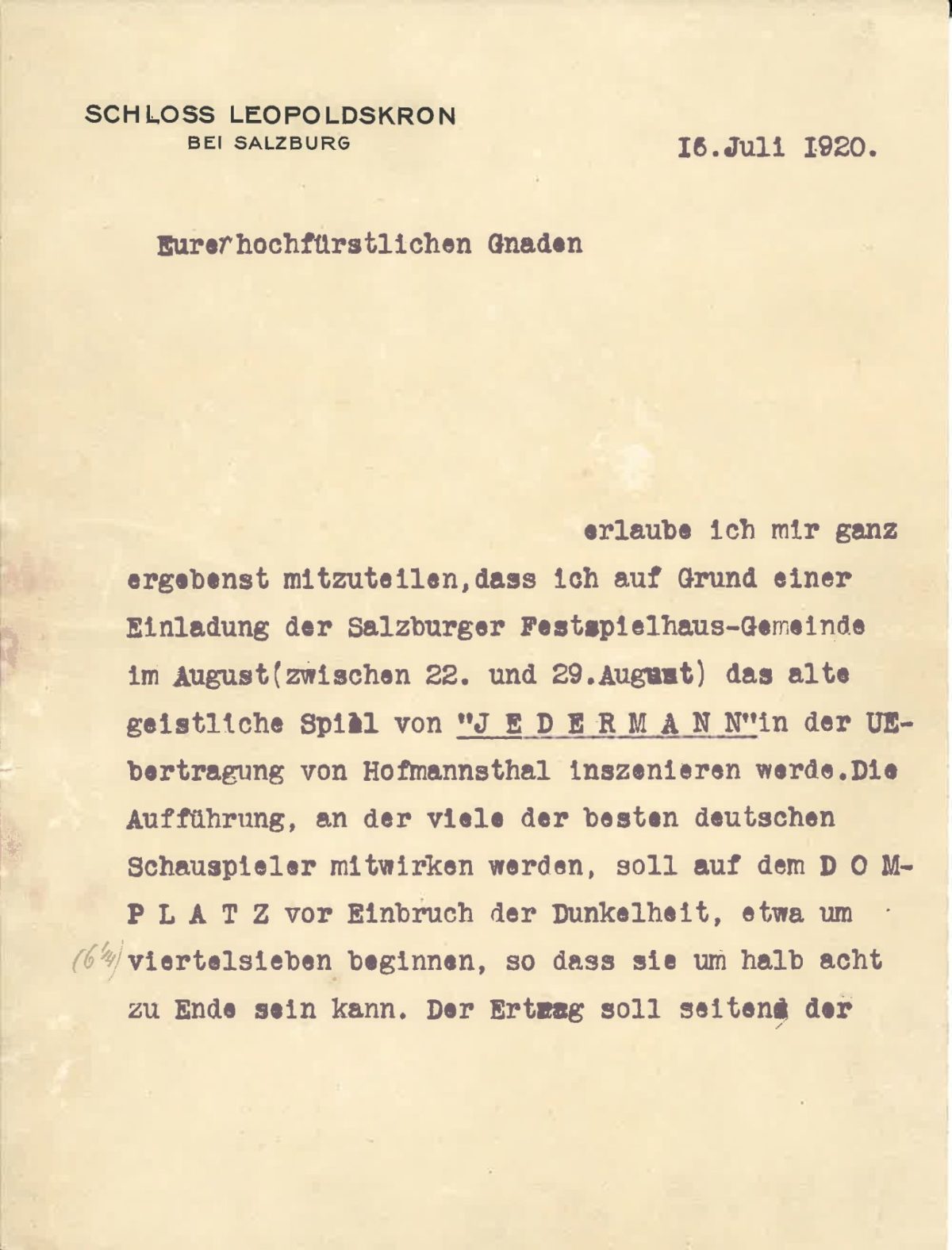 Brief Max Reinhardts an Fürsterzbischof Ignaz Rieder